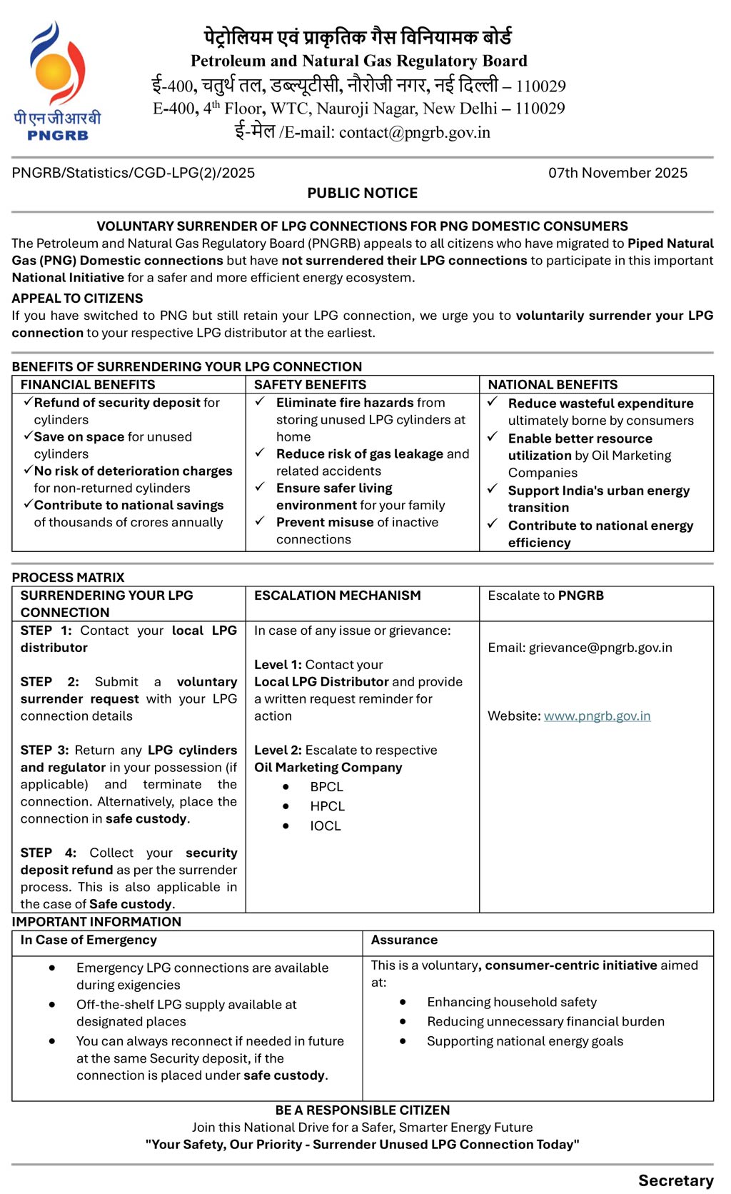 PNGRB Public Notice - Voluntary Surrender of LPG Connection for PNG Domestic Consumers